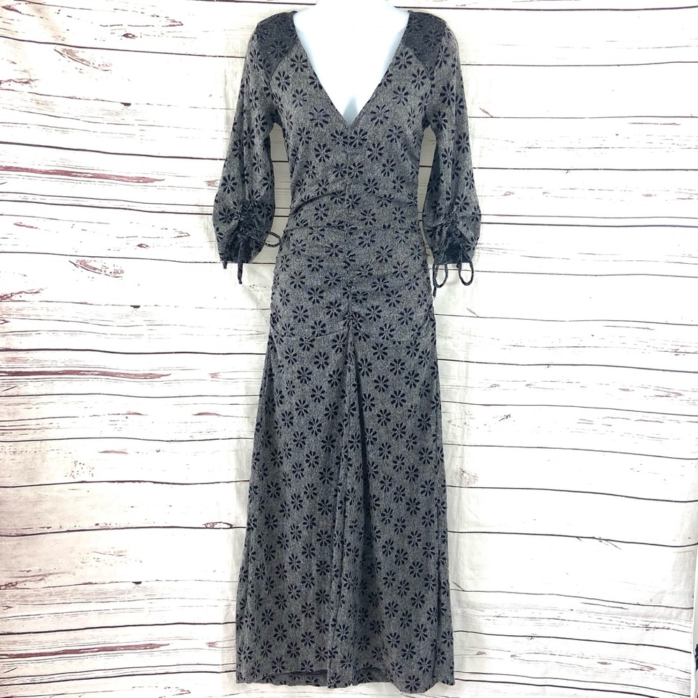 Free People Maxi Dress Women’s XS Gray Floral 3/4 Sleeves V-Neck‎